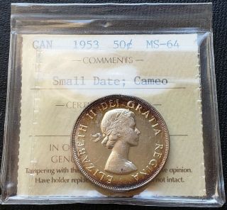 1953 Canada Silver 50 Cent Coin Iccs Graded Ms - 64,  Small Date,  Cameo