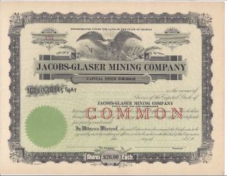 Jacobs - Glaser Mining Company.  Unissued Common Stock Certificate