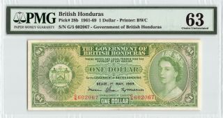 British Honduras 1.  5.  1969 P - 28b Pmg Choice Unc 63 1 Dollar