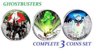 2017 Complete 3 - Coin Set Ghostbusters Crew Slimer Stay Puft 3oz Silver Proof $1