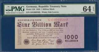 Germany One Billion Mark 1923 P129 Pmg 64 Epq Choice Uncirculated Deutschland