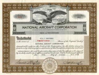1939 National Aircraft Corp Stock Certificate