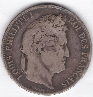 France 5 Francs.  Looks Like 1834 - W (lille).  Large 0.  9000 Silver.