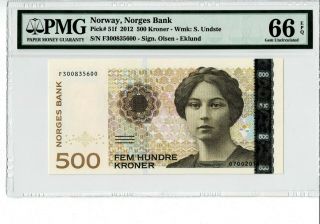 Norway Norges Bank 2012 500 Kroner Pmg 66 Epq Gem Unc
