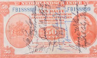 Netherlands Indie 1943 Wwii Short Snorter 50 Cents Bank Note Y24