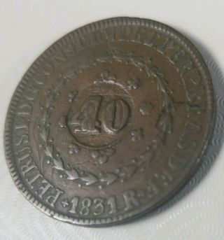 1835 Brazil 40 Reis Counterstamped 1831 80 Reis Copper Coin Km 446