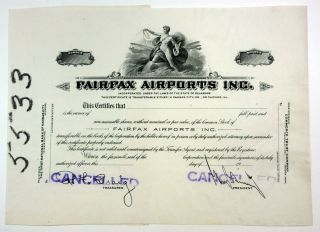 De.  Fairfax Airports Inc. ,  1970s Odd Shrs Proof Stock Certificate Xf