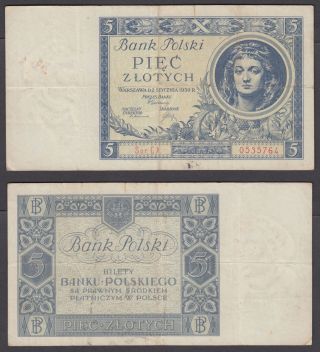 Poland 5 Zlotych 1930 (f - Vf) Banknote P - 72