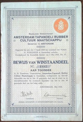 Netherlands Amsterdam 1910 Rubber Cultuur Maatschappij Coupons Unc Bond Loan