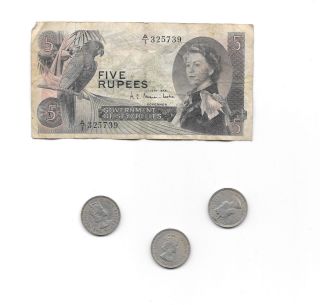 Seychelles Five 5 Rupees Banknote 1968,  3 Half Rupee Coins