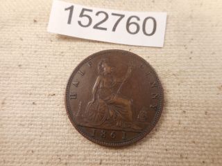 1861 Great Britain Half Penny Collector Grade Album Coin - 152760 3