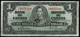 1937 $1 Dollar Banknote Bank Of Canada