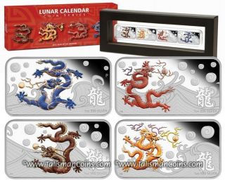 Cook Islands 2012 Year Of Dragon 4 Coin Rectangle Color Silver 1 Oz Proof $1 Set
