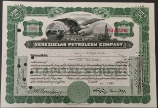 Stock Certificate Venezuelan Petroleum Company 1954 Signed & Transferred