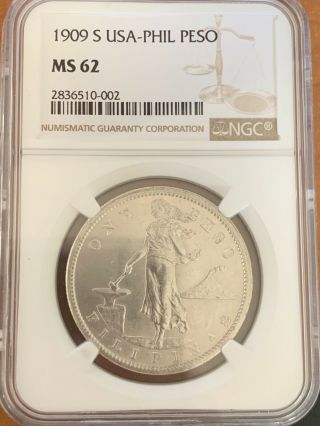 1909 S Philippines Silver One Peso Ngc Ms62 Blast White