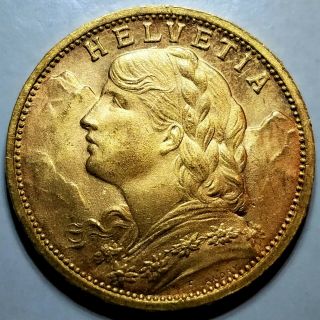 1927 Switzerland 20 Francs Gold Coin Helvetia Bu Km 35.  1