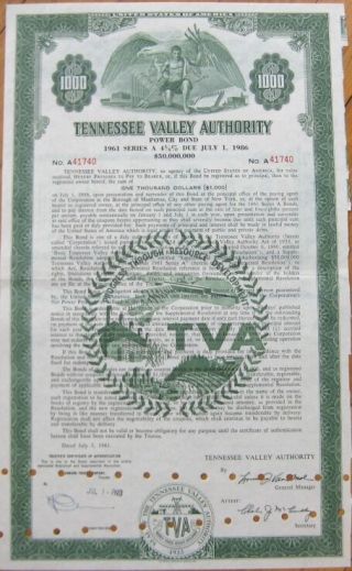 Tva / Tennessee Valley Authority 1961 Bond Certificate - Tn