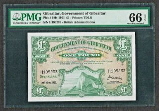 Gibraltar Government 1971 1 Pound Note,  Pmg Gem Unc 66 Epq The Rock,  Pick 18b