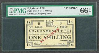 Fiji Government 1942,  1 Shilling Note " Specimen " Pmg Gem Unc 66 Epq Pick 49s2