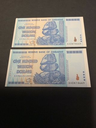 World Currency,  2008 2 Reserve Bank Of Zimbabwe One Hundred Trillion Dollars
