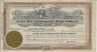 Arizona 1930 Lucky Boy Consolidated Mines Company Stock Certificate
