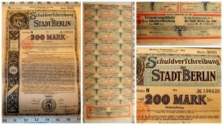 1919 German Bond Note Weimar Republic Uncancelled Coupons 200 Mark Berlin Money