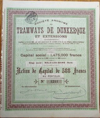 Tramways De Dunkerque/dunkirk 1902 Trolley/tram/railroad Stock/bond Certificate