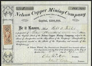 Nelson Copper Mining Co Stock 1864.  Boston,  Ma Civil War Era Copper Mill Cert 4
