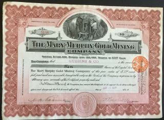 Mary Murphy Gold Mining Co Stock 1909.  Chaffee County,  Colorado Famous Gold Mine