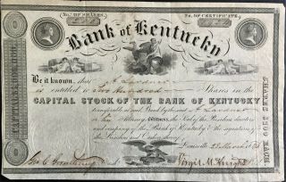 Bank Of Kentucky Stock 1846.  Louisville,  Ky.  Chartered 1834.  Robert S.  Todd Pres