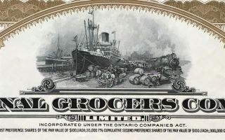 NATIONAL GROCERS COMPANY,  LIMITED Stock.  SPECIMEN.  Canadian Food.  UNC 2