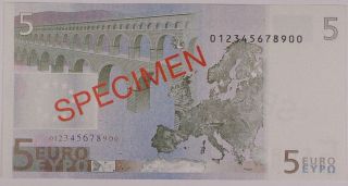 2001 European Union 5 Euros Specimen Crisp Uncirculated Currency Note