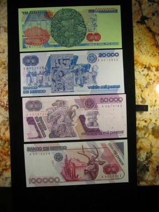 BANK OF MEXICO 1980 ' S SET OF 4 NOTES AS PICTURED 10000 THRU 100,  000 PESOS X132 2