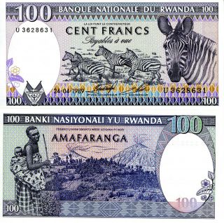 Rwanda 100 Francs Banknote World Paper Money Unc Currency Pick P19 1989 Zebra