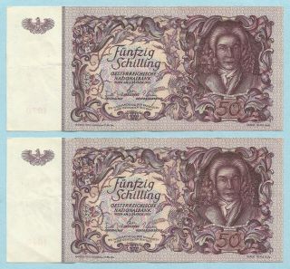 Austria 50 Schilling 2.  1.  1951 P 130 Banknote Vf,  /chvf - 2 Consecutive Notes