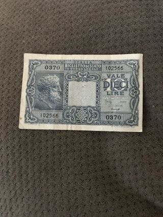 1944 Italy 10 Lire Banknote Italian Currency Wwii Era