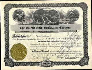 Bolivia Gold Exploration Co Of Colorado,  Cancelled Stock Certificate