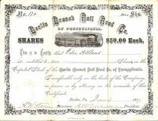Berlin Branch Rail Road Company (later Part Of B&o) - Pa Stock 170 1877