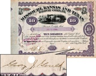 George Jay Gould Signed Railroad Stock 1886 Missouri,  Kansas & Texas