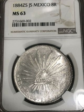 1884zs Mexico 8r Brilliant Uncirculated Ngc Ms 63 Mexican 8 Real In Book Ms (200