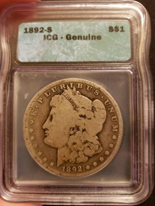 1892 - S $1 Morgan Silver Dollar Icg 90 Silver - -