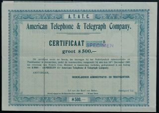 Usa - American Telephone & Telegraph Co.  (at&t) - 1908 - Dutch Cert.  Specimen