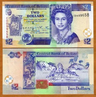 Belize,  2 Dollars,  2002,  Qeii,  P - 60b,  Unc