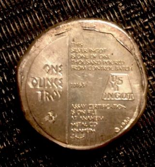 Rare Usvi 1980 1 Oz Old Hand Pour.  999 Silver Ingot Bar / Coin Us Virgin Islandr