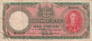 Fiji 1 Pound Banknote 1.  7.  1950 P.  40e Good