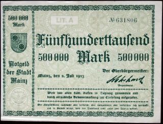 Mainz 1923 500,  000 Mark Inflation Notgeld German Banknote