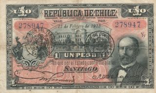 Chile 1 Peso 15 02 1913 Rare Date Pick 15b (1911 - 1919) F Pinhole In The Middle