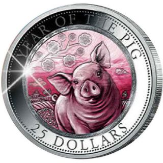 Year Of The Pig Mother Of Pearl 5 Oz Proof Silver Coin 25$ Cook Islands 2019