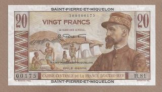 Saint Pierre & Miquelon: 20 Francs Banknote,  (unc),  P - 24,  1950,
