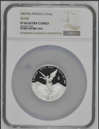 2007 Libertad Silver Proof 2 Oz Mexico Ngc Pf 64 - Only 500 Minted - A Key Coin